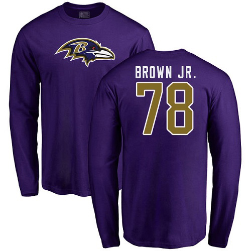 Men Baltimore Ravens Purple Orlando Brown Jr. Name and Number Logo NFL Football #78 Long Sleeve T Shirt->nfl t-shirts->Sports Accessory
